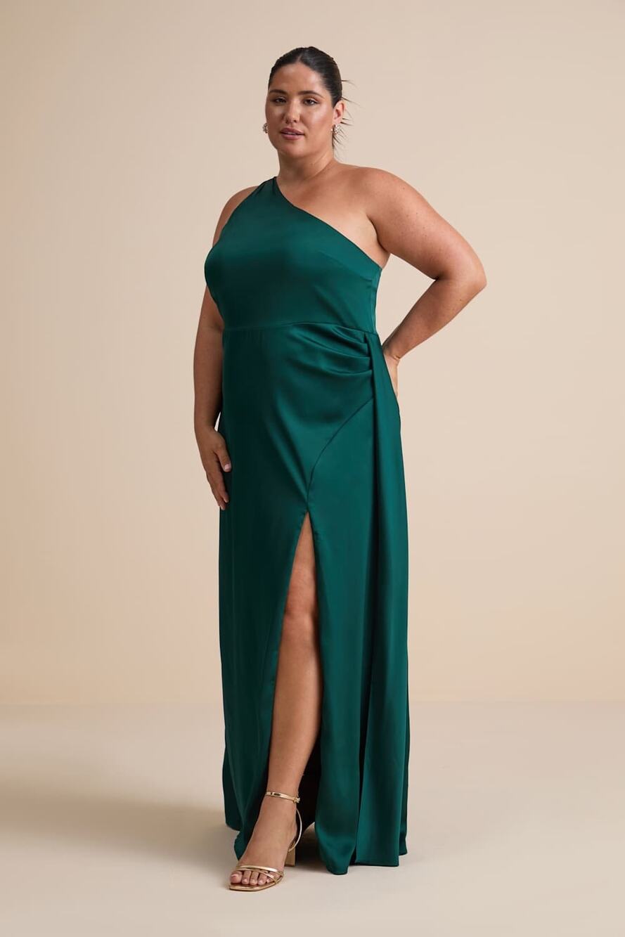 NWT Lulus Signature Elegance Emerald Satin One-Shoulder Maxi Dress Wedding Sz 1X